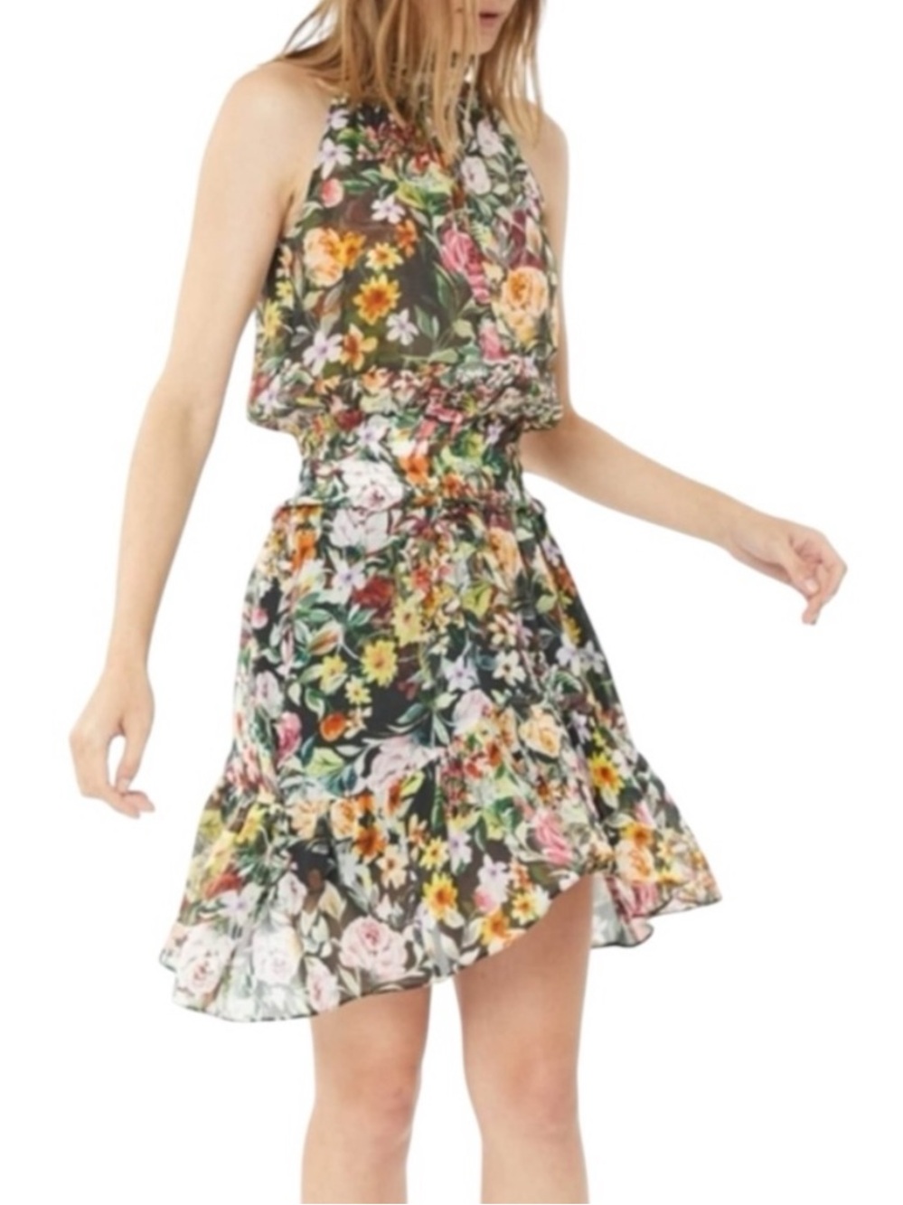 Generation Love Iris Black Floral Print Smocked Cutout High Neck Mini Dress - S
